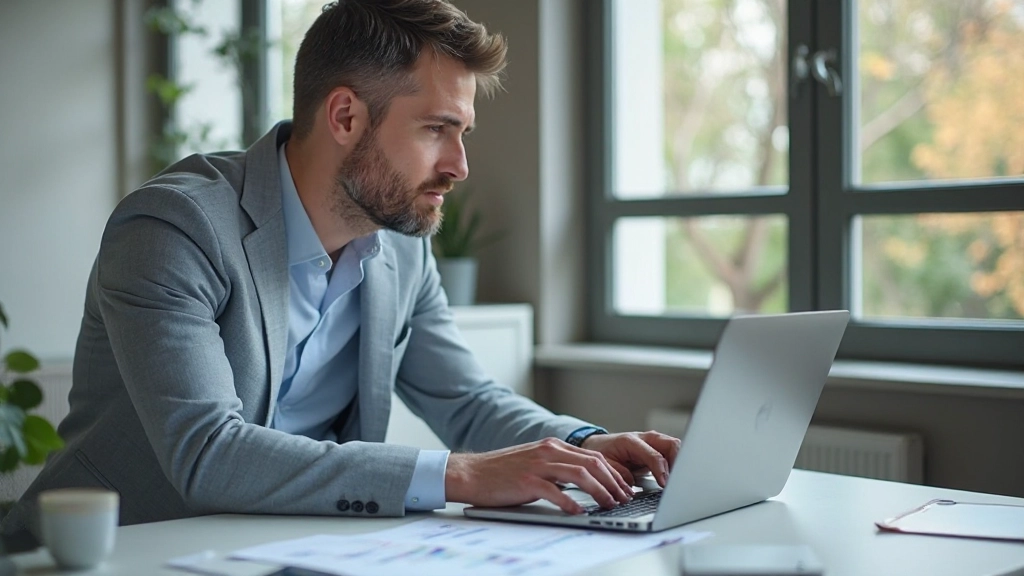 Professionele foto van man aan bureau die financiële spreadsheets analyseert met laptop en documentatie