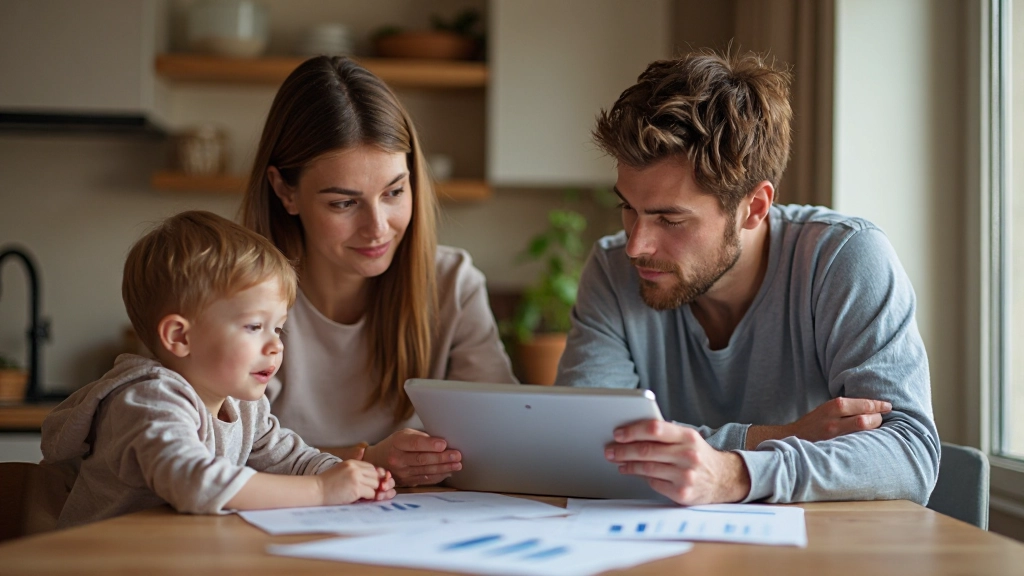 Gezin dat samen financiële planning bespreekt met documenten en tablet