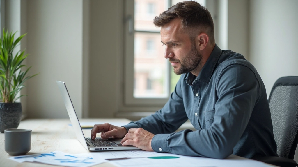 Professionele foto van man aan bureau met laptop die financiële spreadsheets en budgetdocumenten bekijkt
