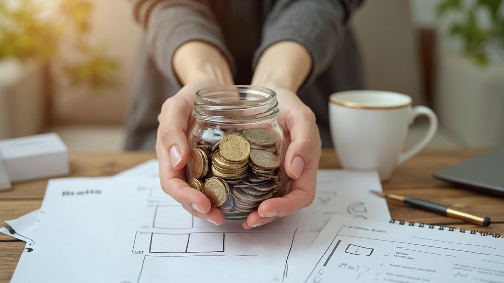 Spaarpot met munten, geld spaarplan en financiële doelstellingen op papier