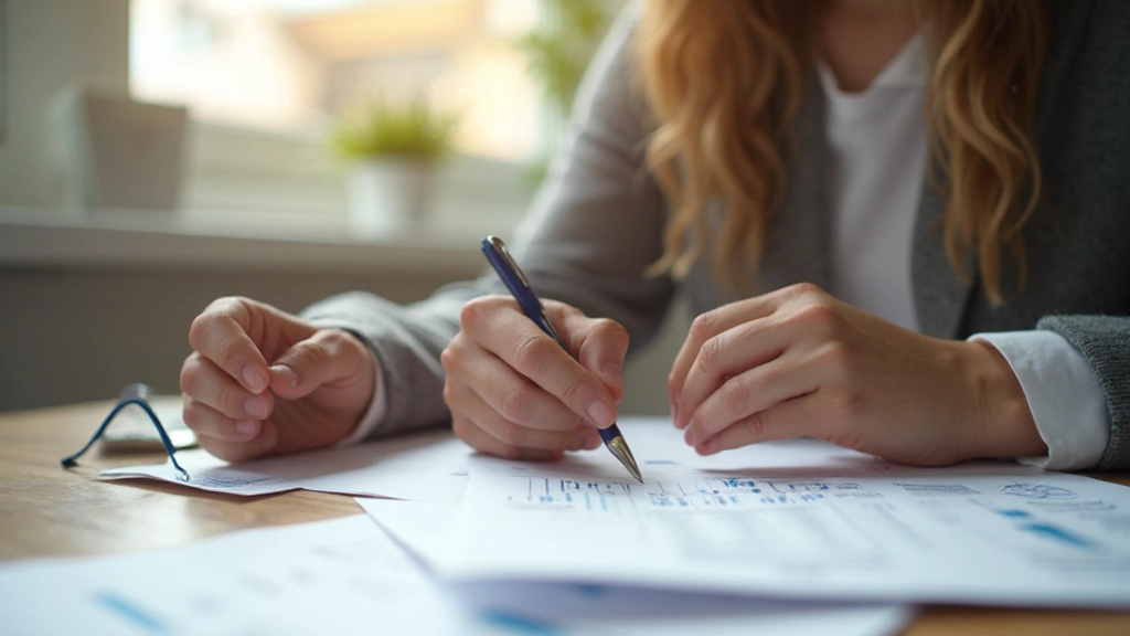 Professionele foto van iemand die ontspannen aan een bureau werkt met financiële planning documenten, natuurlijk licht, rustige werkplek