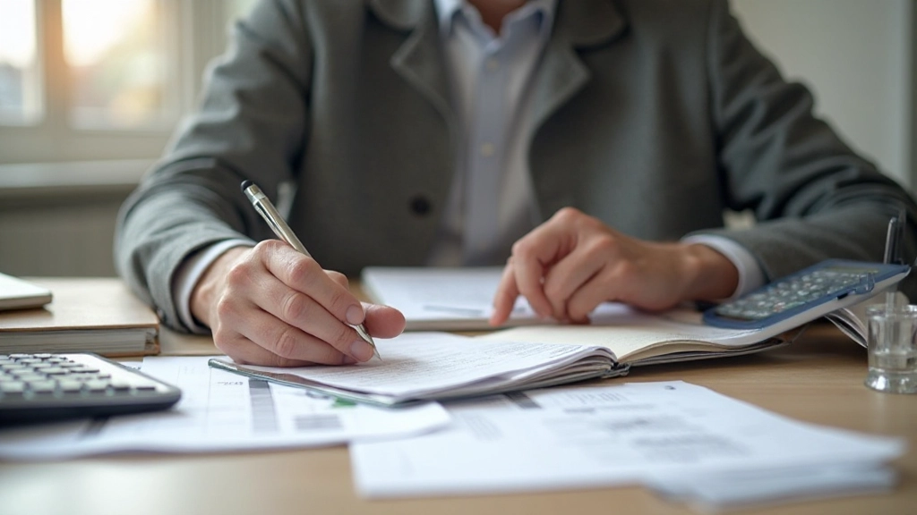 Person planning financial goals with notebook and calculator at organized workspace