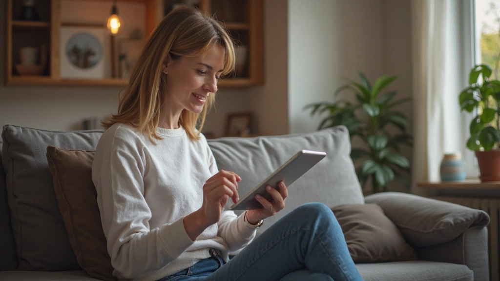 Vrouw met tablet die spaargroei grafiek bekijkt in moderne woonkamer met warm licht