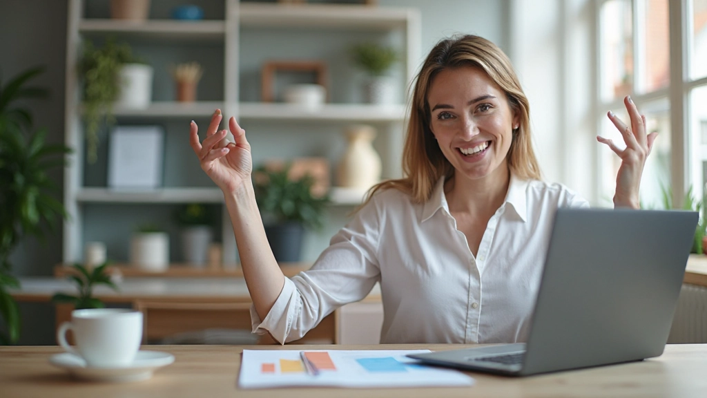 Vrouw die financiële doelen bereikt en succes viert op werkplek met grafieken