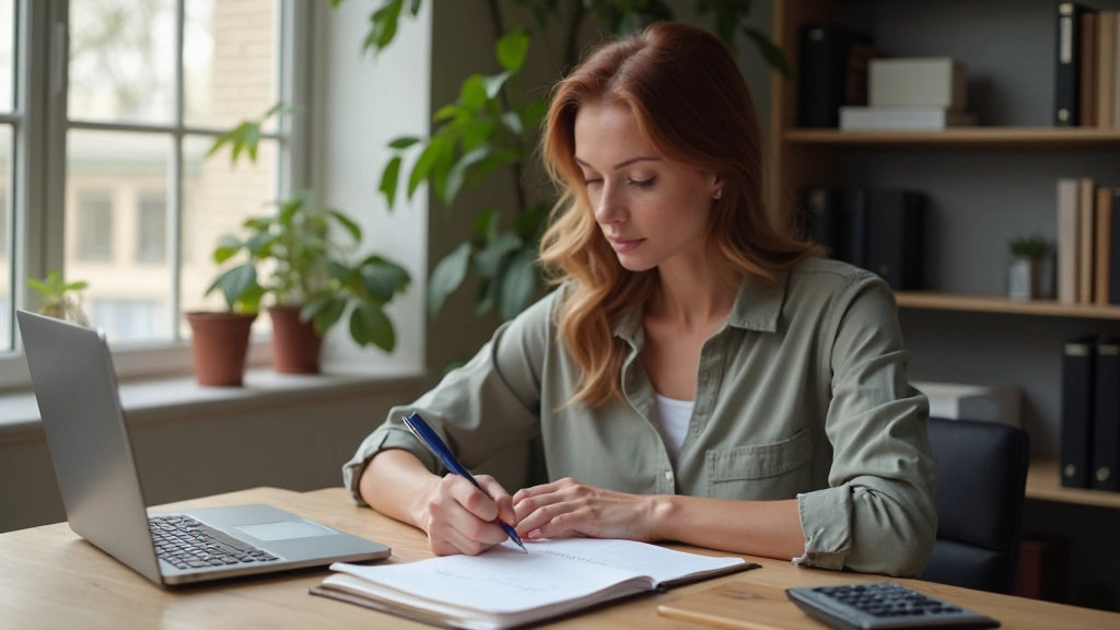 Vrouw die doelen noteert in een notitieboek met financiële planning