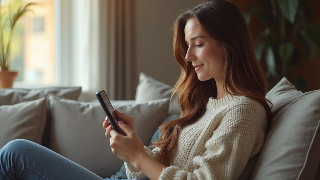 Woman with tablet looking at savings growth chart in modern living room with warm lighting